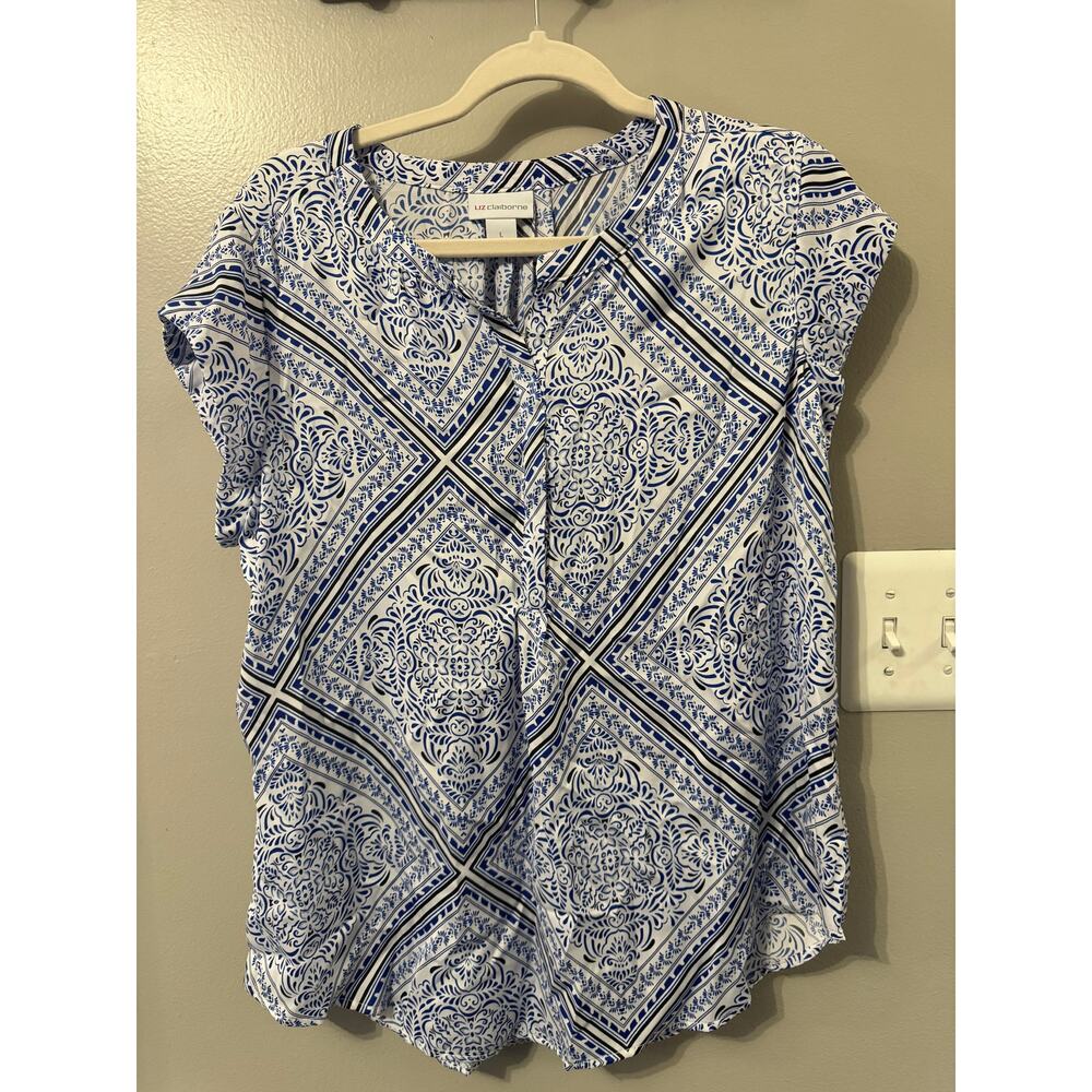Liz Claiborne Woman's Shirt, size L, Blue, Floral, Button Up, Short Sleeves